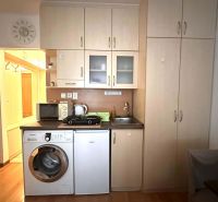 Küche in einer Ferienwohnung mit Küchenzeile und Waschmaschine, Boden mit Holzdekor.