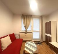 Ferienwohnung mit rotem Sofa, Holzboden-Dekor und Schrank mit Holzdekor.