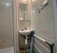 Badezimmer der Ferienwohnung mit Waschbecken, Dusche und Wäscheständer.
