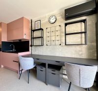 Einzimmerwohnung mit rosa Küche und Schreibtisch, Boden mit Holzdekor.