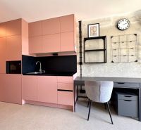Küche und Arbeitsecke in einem Studio-Apartment mit modernen Regalen und einer Uhr an der Wand.