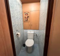 Toilette in einer 2-Zimmer-Wohnung mit blauen Fliesen und Holzdekor-Schränken.