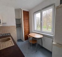 Küche in einer 2-Zimmer-Wohnung mit Holzschränken und einem Tisch am Fenster.
