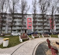 Ein Wohnhaus in Ružomberok mit Bäumen und Parkplätzen vor den Zweizimmerwohnungen.