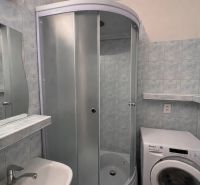 Badezimmer mit Dusche und Waschmaschine in einer 2-Zimmer-Wohnung.