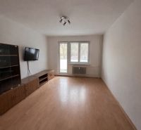 Wohnzimmer in einer Zweizimmerwohnung mit Holzboden und einem an der Wand montierten Fernseher.