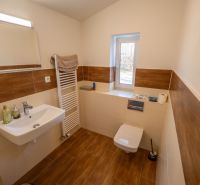 Badezimmer mit Toilette, Waschbecken und Boden mit Holzdekor in besonderen Immobilien.