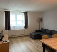 Wohnzimmer in einer Zweizimmerwohnung mit Sofa, Holzboden und Fernseher.
