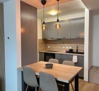 Küche in einer 2-Zimmer-Wohnung mit Holzboden und grauen Schränken.
