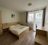 Schlafzimmer in einer 2-Zimmer-Wohnung mit Bett, Holzmöbeln und Boden mit Holzdekor.