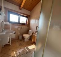 Badezimmer in einer Hütte mit Fliesenboden, Duschkabine und Holzdecke.