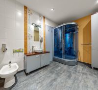 Ein Badezimmer in einem Einfamilienhaus mit einem Bidet, einer Duschkabine und dekorativen Fliesen.