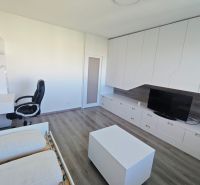 Innenraum einer Einzimmerwohnung mit Schreibtisch, Fernseher und Boden in Holzoptik.
