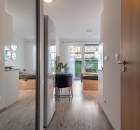 Innenraum einer 1-Zimmer-Wohnung mit Holzboden und großem Fenster.