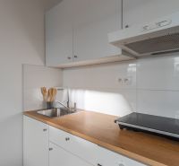 Küchenecke mit weißen Schränken, Holzelementen und Edelstahlspüle in einer Einzimmerwohnung.