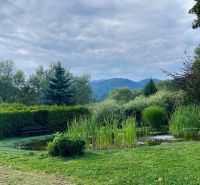Der Garten mit einem Teich und einer Bank beim Einfamilienhaus in Stankovany, umgeben von Grün und Bergen.