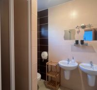 Badezimmer in einer 2-Zimmer-Wohnung mit zwei Waschbecken und einer Duschkabine.
