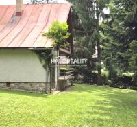 Eine Hütte in Ružiná mit einem Blechdach, umgeben von Bäumen und Rasen.