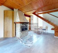 Das Innere der Hütte mit einem Holzboden, einem Kamin und einer Treppe.