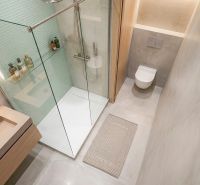 Badezimmer in einer 2-Zimmer-Wohnung mit Dusche, Waschbecken, Toilette und Matte.