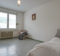 Schlafzimmer in einer 2-Zimmer-Wohnung mit großem Fenster, Sessel und einfacher Einrichtung.