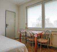Esszimmer in einer 2-Zimmer-Wohnung mit einem Tisch mit Blumenmuster, Stühlen und großen Fenstern.