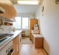 Küche in einer 2-Zimmer-Wohnung mit Holzboden und Grundausstattung.