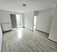 Wohnzimmer mit weißen Wänden und Holzboden in einer Einzimmerwohnung.