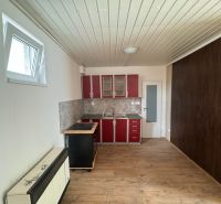 Eine Küchenzeile mit roten Schränken und einem Boden in Holzoptik in einer Zweizimmerwohnung.