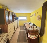 Das Innere der Hütte mit einem Holzschrank und einem Teppich auf dem Boden in Holzoptik.