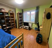 Ein Zimmer in einer 3-Zimmer-Wohnung mit Regalen, einem Bett und einem Boden in Holzoptik.
