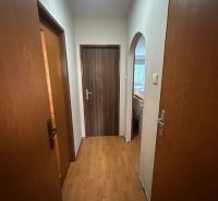 Der Flur in einer 3-Zimmer-Wohnung mit einem Boden in Holzoptik und Türen.