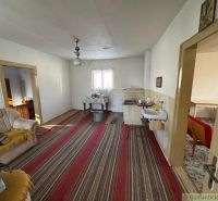 Interieur eines Einfamilienhauses mit älteren Möbeln, einem gestreiften Teppich und einem Sofa.