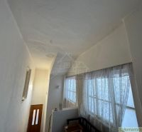 Innenraum eines Einfamilienhauses mit einem schmalen Flur und Vorhangfenstern.