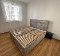 Schlafzimmer in einer 2-Zimmer-Wohnung mit Holzboden und großem Bett.