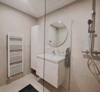 Badezimmer in einer 2-Zimmer-Wohnung mit Holzboden, Duschkabine und rundem Spiegel.
