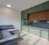 Ein stilvolles Küche mit Sofa und Esstisch in einer 2-Zimmer-Wohnung.