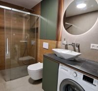 Badezimmer einer 2-Zimmer-Wohnung mit Dusche, Waschmaschine, Spiegel und Schränken in neutraler Farbe.