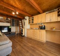 Innenraum einer Hütte mit Küchenzeile, Holzboden und Sofa.