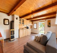 Das Innere der Hütte mit einem Holzboden, einem Sofa, einem Ofen und einer Küchenzeile.