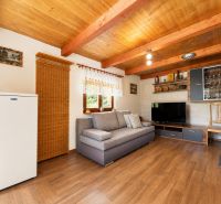 Wohnzimmer der Hütte mit Holzboden, bequeme Couch, Fernseher und Schränke.