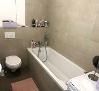 Badezimmer mit Badewanne, Toilette und Waschmaschine in einer Einzimmerwohnung.
