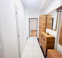 Der Flur in einer 2-Zimmer-Wohnung mit Fliesen und Holzmöbeldekor.