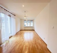Helles Wohnzimmer in einer 2-Zimmer-Wohnung mit Holzboden und großen Fenstern.