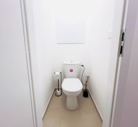 Toilette mit weißen Wänden in einer 2-Zimmer-Wohnung, einfache sanitäre Ausstattung.
