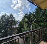 Der Blick vom Balkon einer 4-Zimmer-Wohnung in Myjava umfasst Bäume und das Panorama der Stadt.