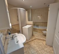 Badezimmer in einer 4-Zimmer-Wohnung mit Badewanne, Dusche und Waschmaschine.