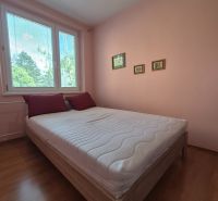 Schlafzimmer in einer 4-Zimmer-Wohnung mit Holzdekorboden und rosa Wänden.
