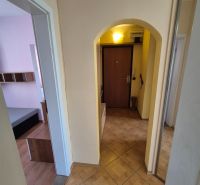 Der Flur in einer 4-Zimmer-Wohnung mit einem Boden in Holzoptik und Fliesen.