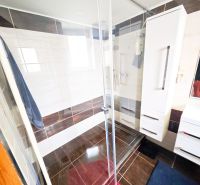 Badezimmer in einer 2-Zimmer-Wohnung mit Duschkabine und Boden in Holzoptik.